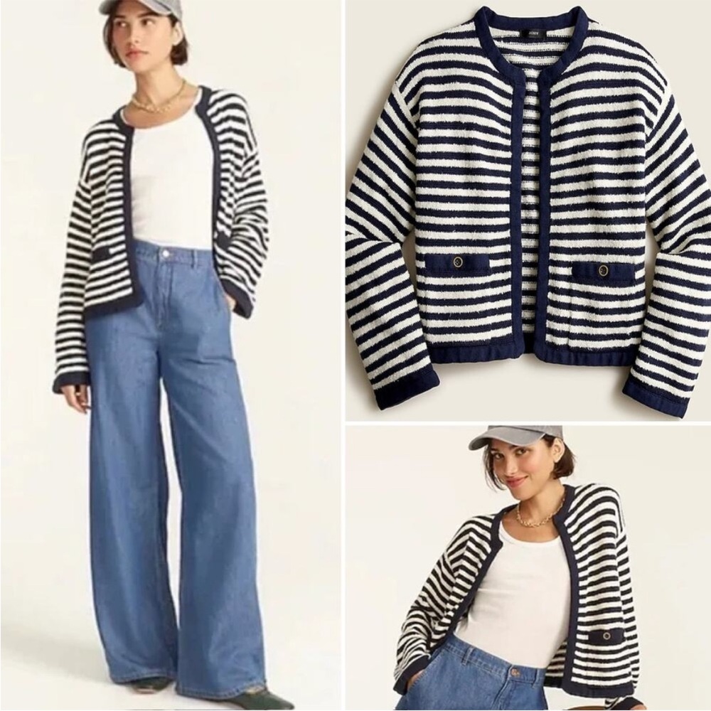 J Crew Open-front cardigan sweater in navy stripe button pocket tweed  Sz M